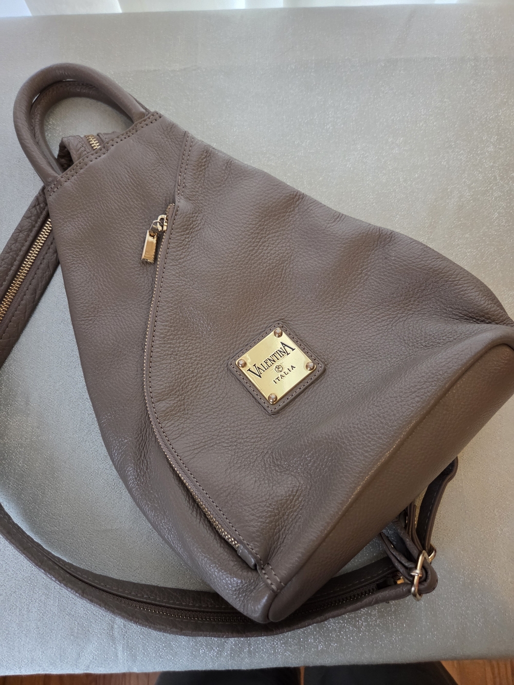 Valentina Taupe Leather Sling Back Handbag Body Shoulder Crossover Backpack